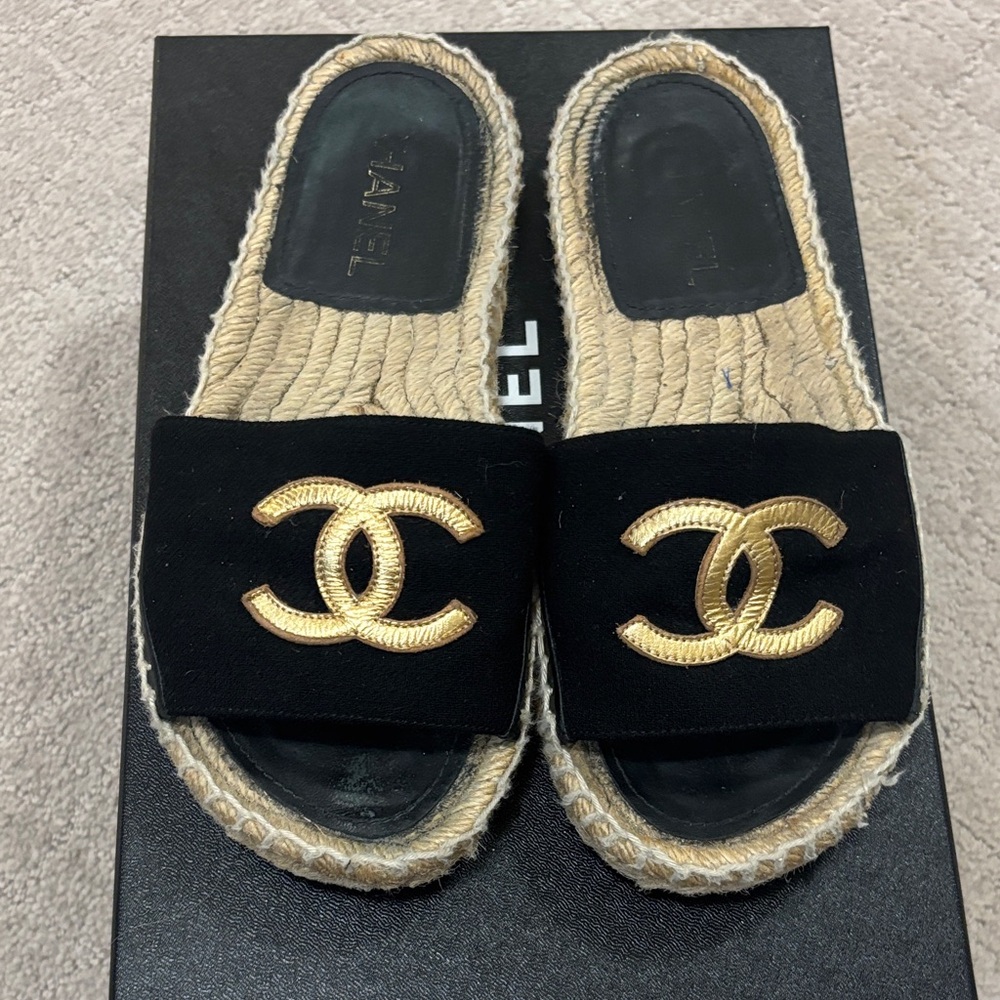 CHANEL Black and Gold Espadrille Sandals